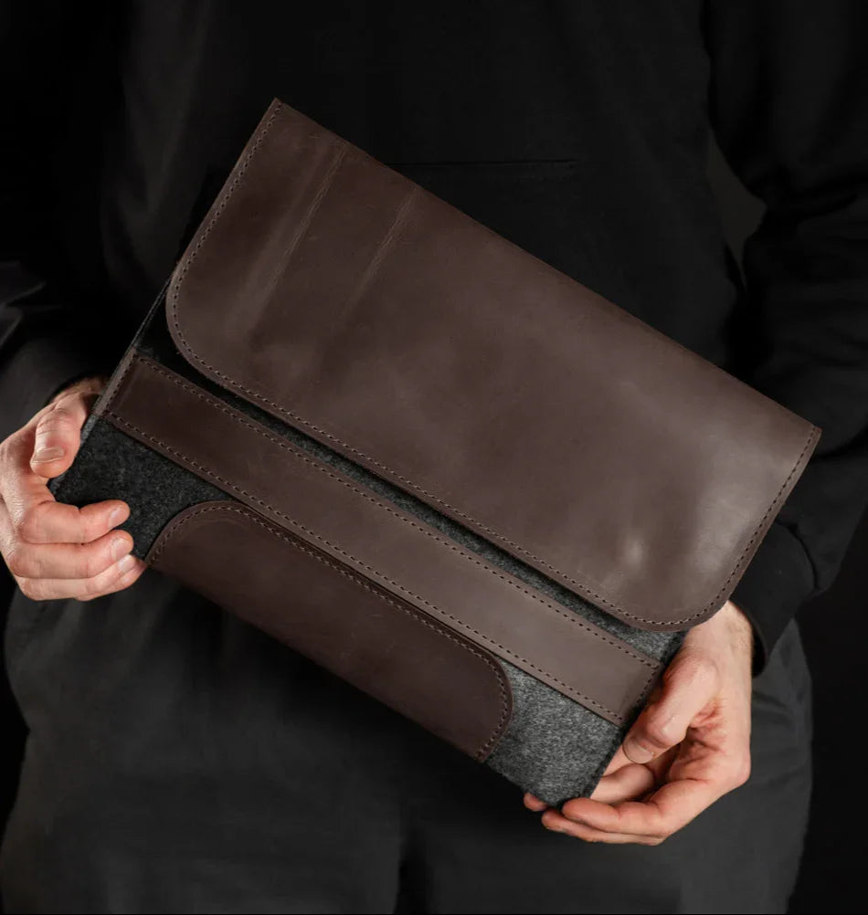Waxed Matte Leather & Wool Macbook Holder with Magnet Closure