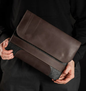 Waxed Matte Leather & Wool Macbook Holder with Magnet Closure