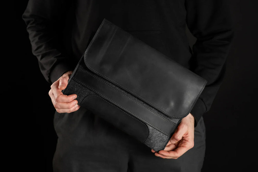 Waxed Matte Leather & Wool Macbook Holder with Magnet Closure