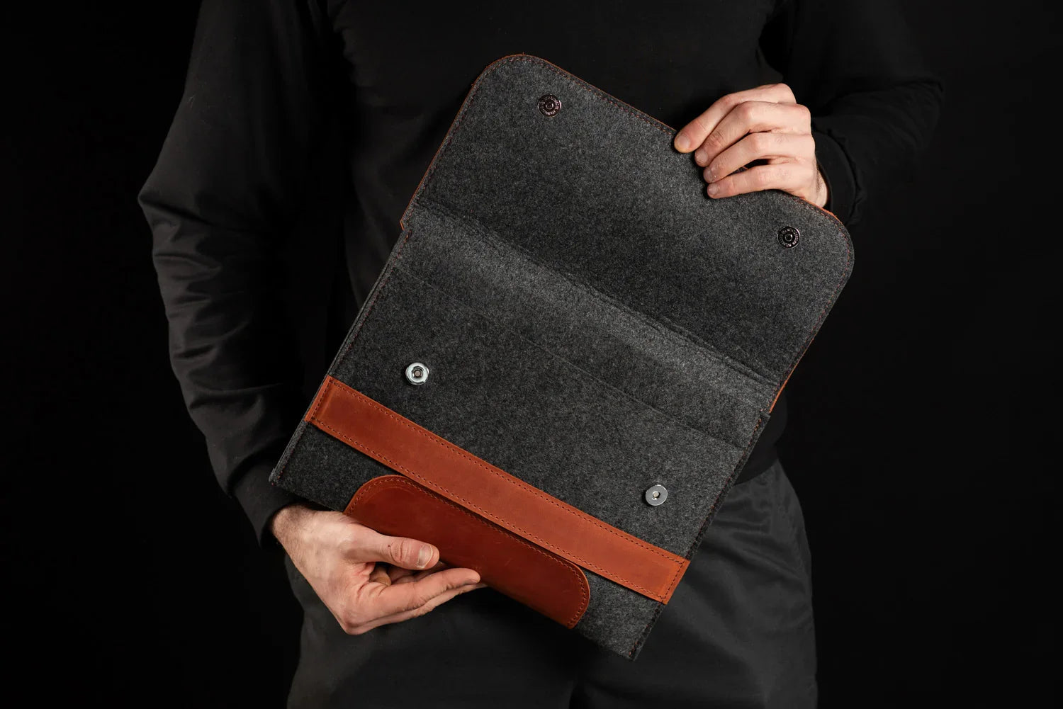 Waxed Matte Leather & Wool Macbook Holder with Magnet Closure
