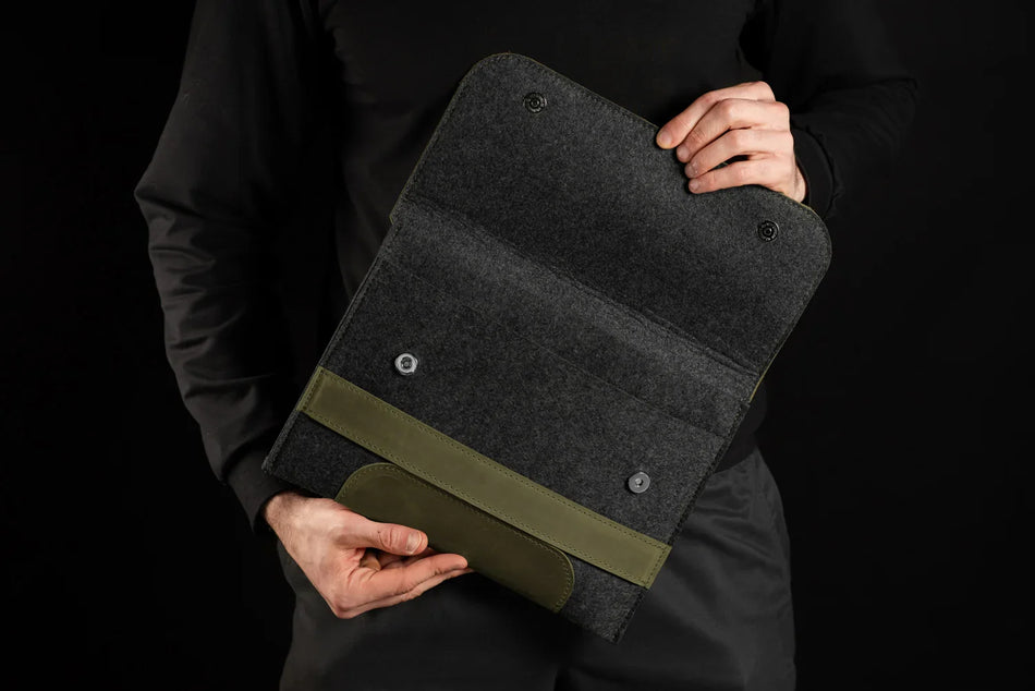 Waxed Matte Leather & Wool Macbook Holder with Magnet Closure