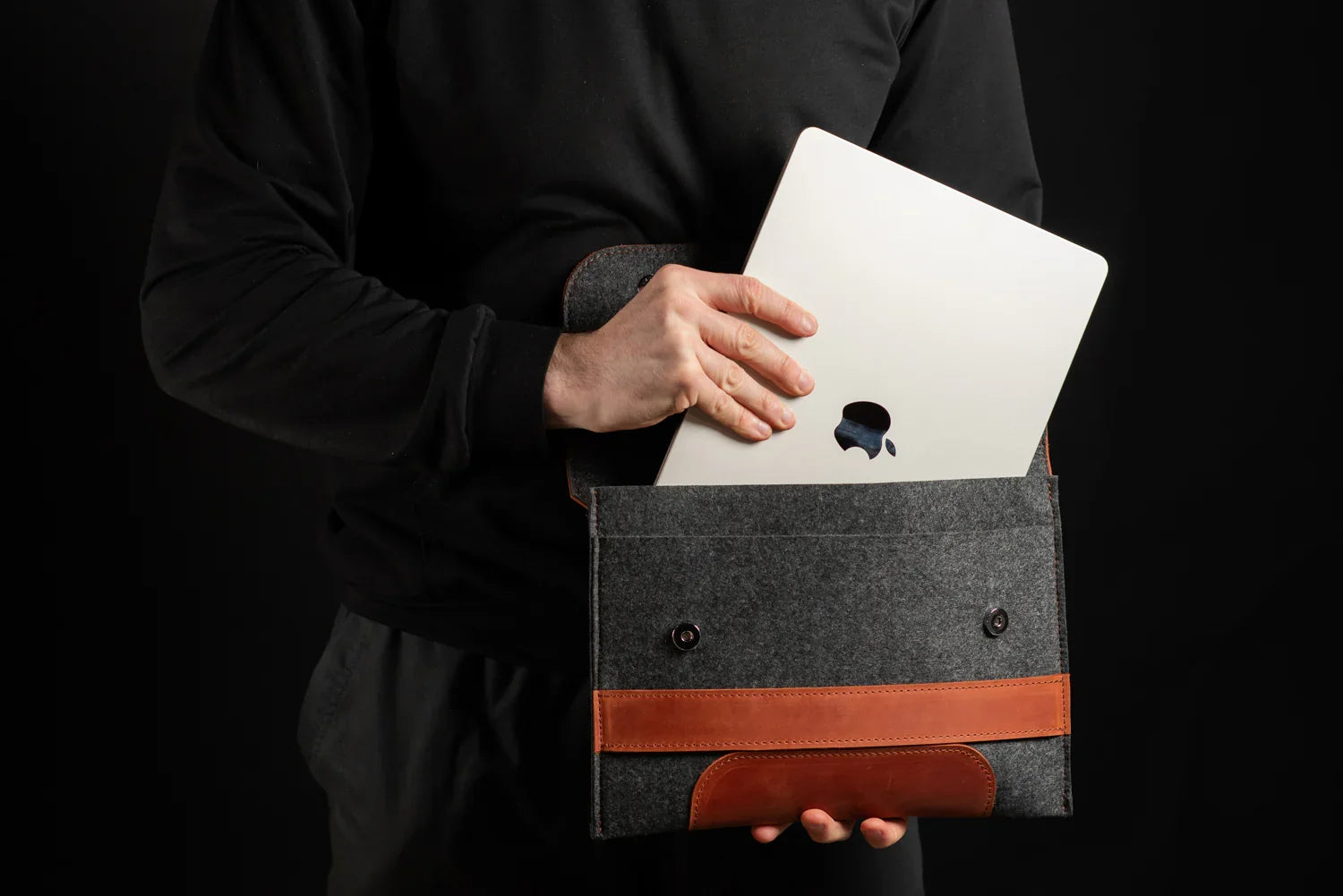 Waxed Matte Leather & Wool Macbook Holder with Magnet Closure