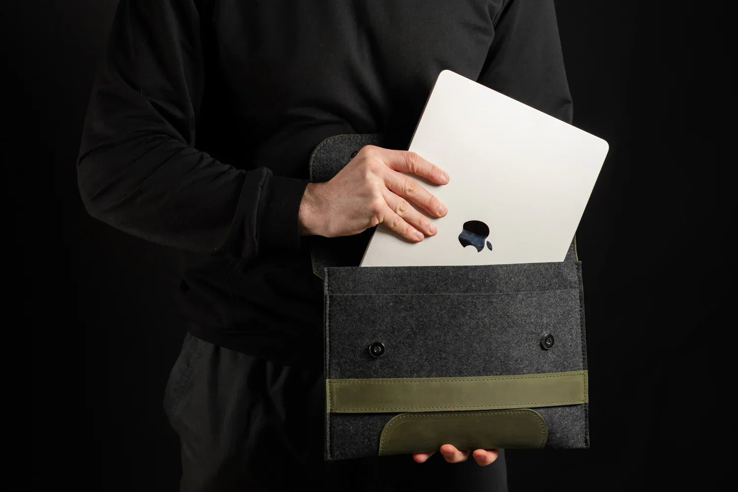 Waxed Matte Leather & Wool Macbook Holder with Magnet Closure