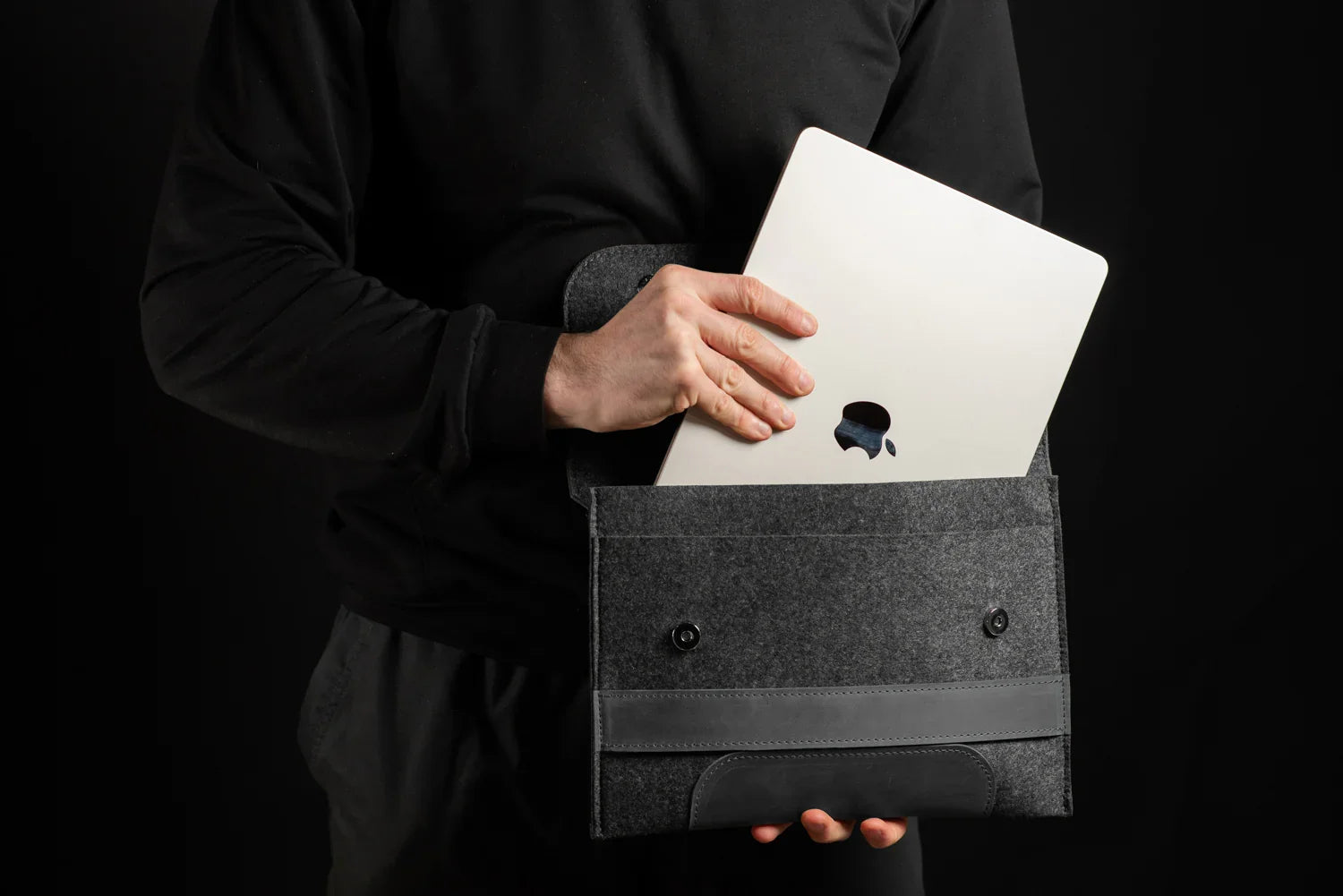 Waxed Matte Leather & Wool Macbook Holder with Magnet Closure