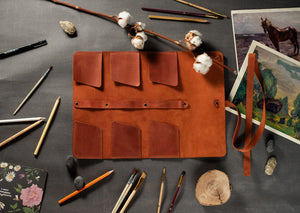 Leather Brush Roll Organizer – Waxed Matte Leather for Brushes & Tools