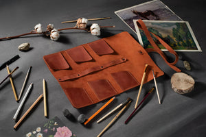 Leather Brush Roll Organizer – Waxed Matte Leather for Brushes & Tools