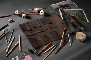 Leather Brush Roll Organizer – Waxed Matte Leather for Brushes & Tools