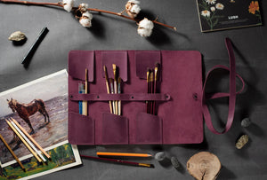 Leather Brush Roll Organizer – Waxed Matte Leather for Brushes & Tools
