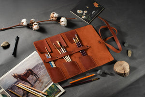 Leather Brush Roll Organizer – Waxed Matte Leather for Brushes & Tools