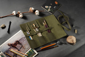 Leather Brush Roll Organizer – Waxed Matte Leather for Brushes & Tools
