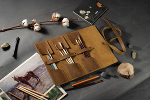 Leather Brush Roll Organizer – Waxed Matte Leather for Brushes & Tools