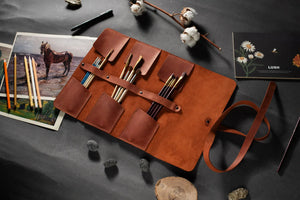 Leather Brush Roll Organizer – Waxed Matte Leather for Brushes & Tools