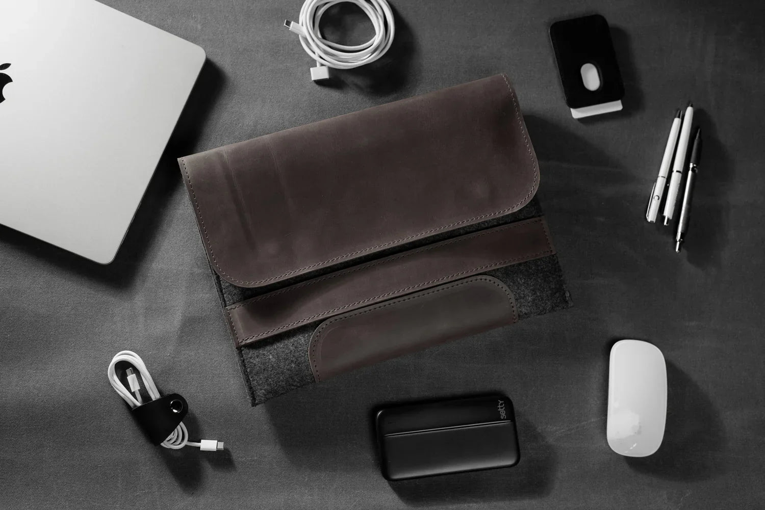 Waxed Matte Leather & Wool Macbook Holder with Magnet Closure