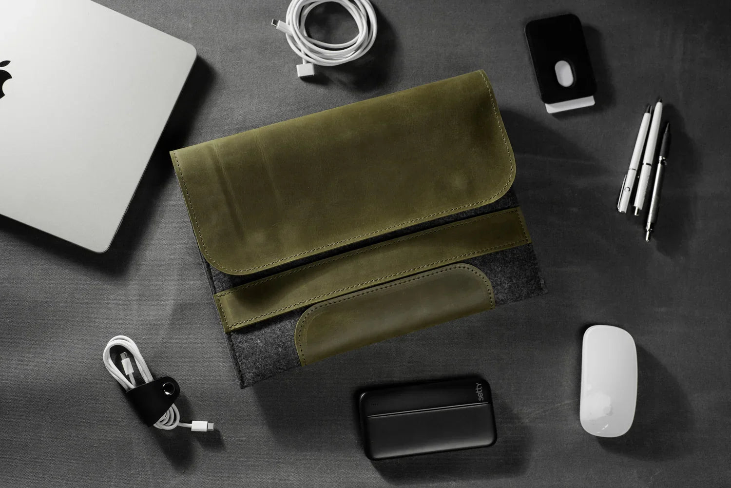 Waxed Matte Leather & Wool Macbook Holder with Magnet Closure
