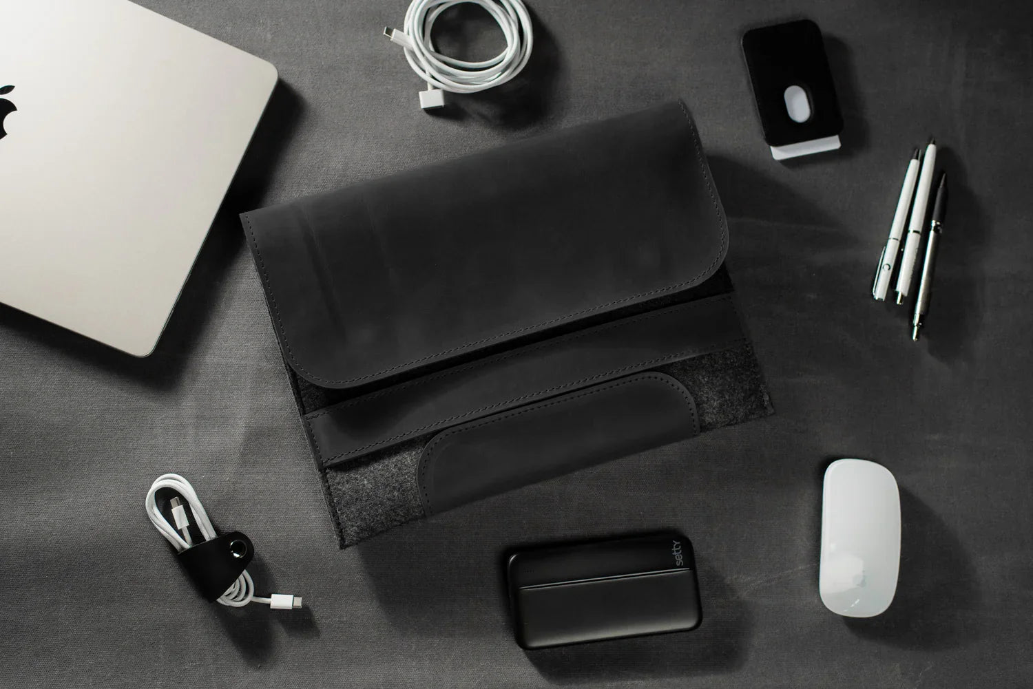Waxed Matte Leather & Wool Macbook Holder with Magnet Closure