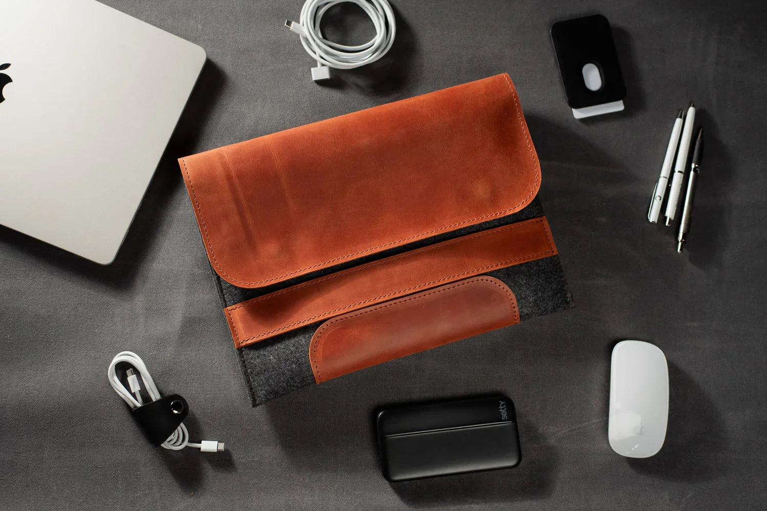 Waxed Matte Leather & Wool Macbook Holder with Magnet Closure