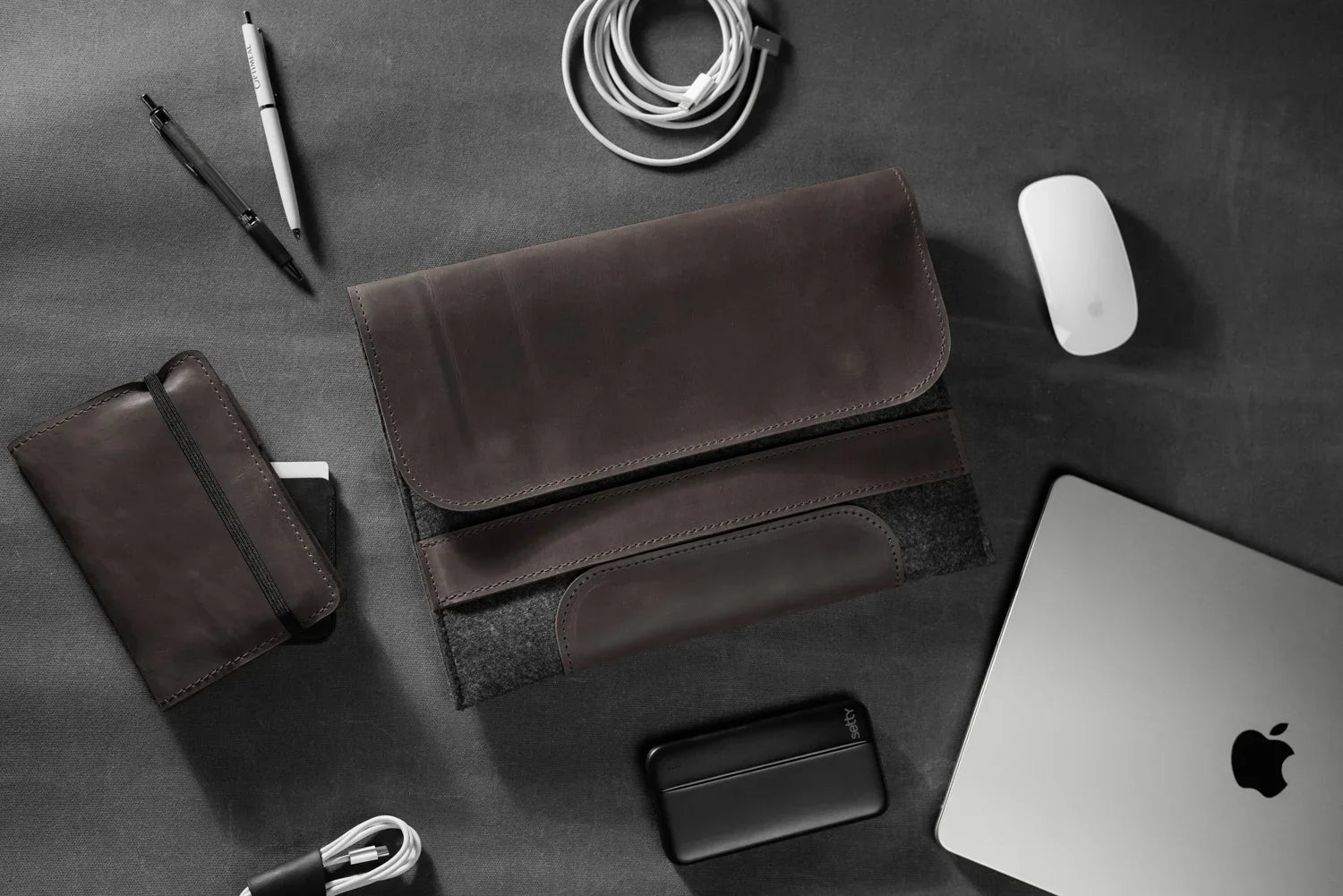 Waxed Matte Leather & Wool Macbook Holder with Magnet Closure