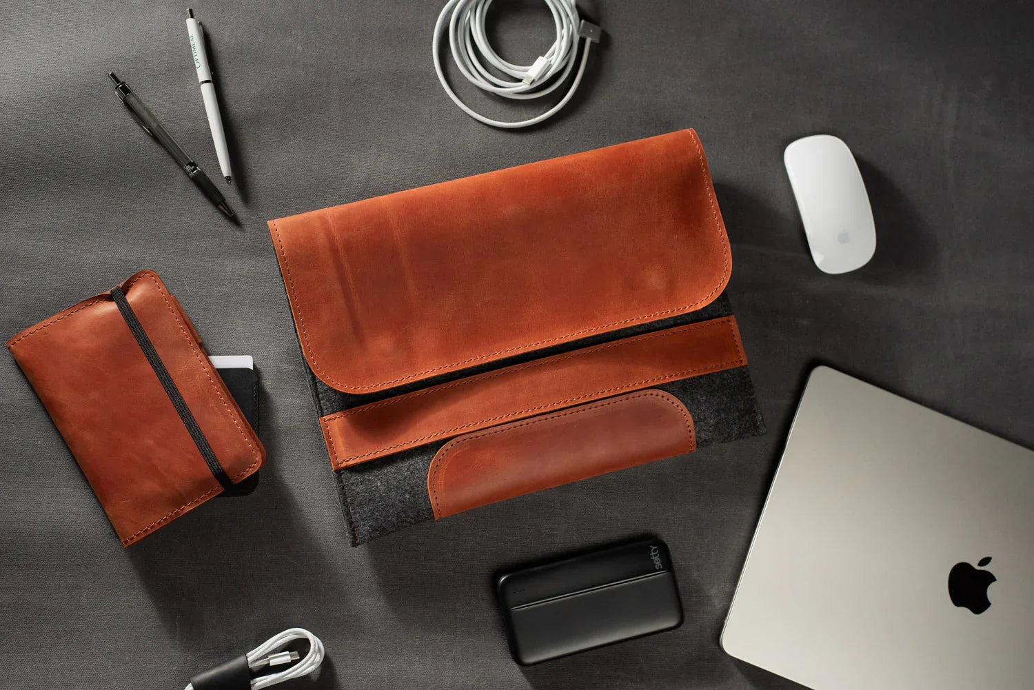 Waxed Matte Leather & Wool Macbook Holder with Magnet Closure