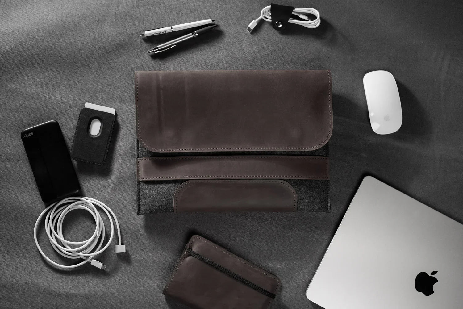 Waxed Matte Leather & Wool Macbook Holder with Magnet Closure