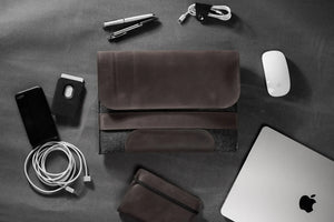 Waxed Matte Leather & Wool Macbook Holder with Magnet Closure