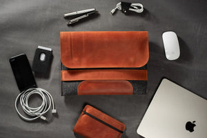 Waxed Matte Leather & Wool Macbook Holder with Magnet Closure