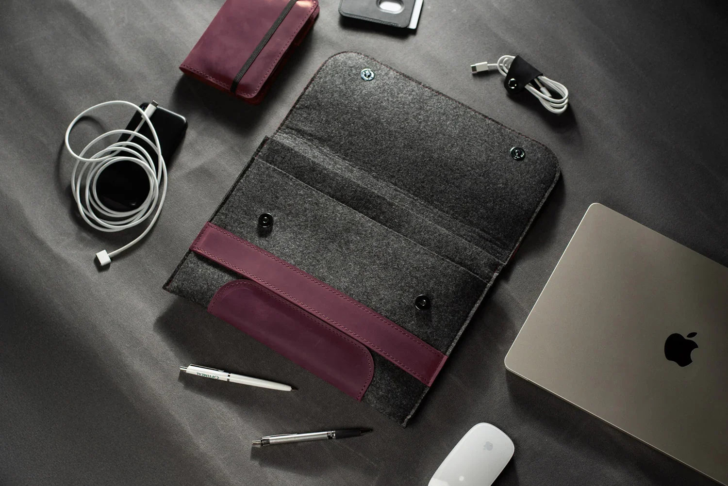 Waxed Matte Leather & Wool Macbook Holder with Magnet Closure