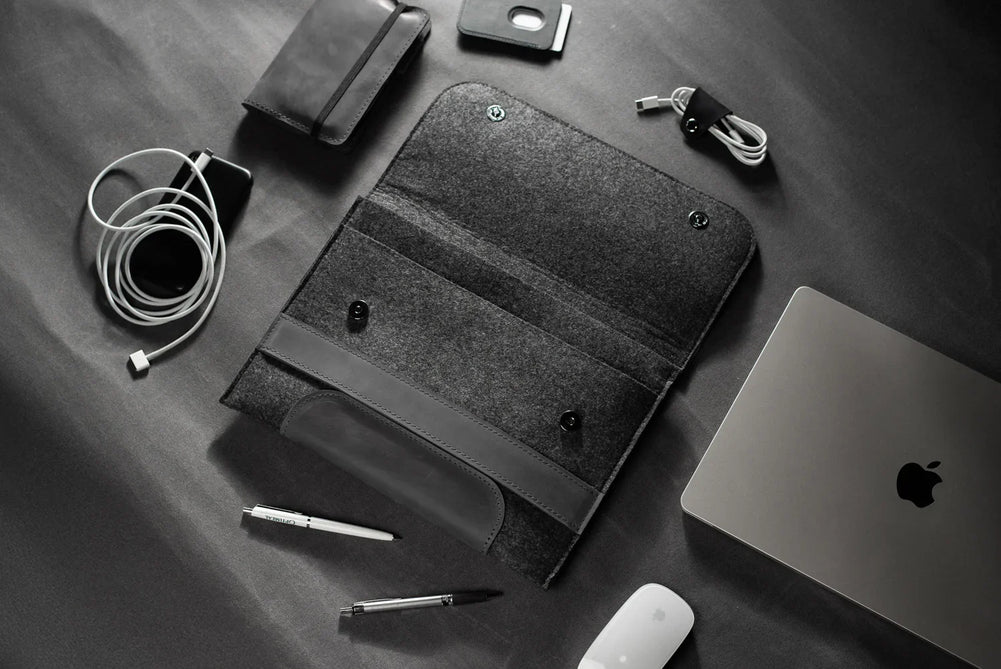 Waxed Matte Leather & Wool Macbook Holder with Magnet Closure