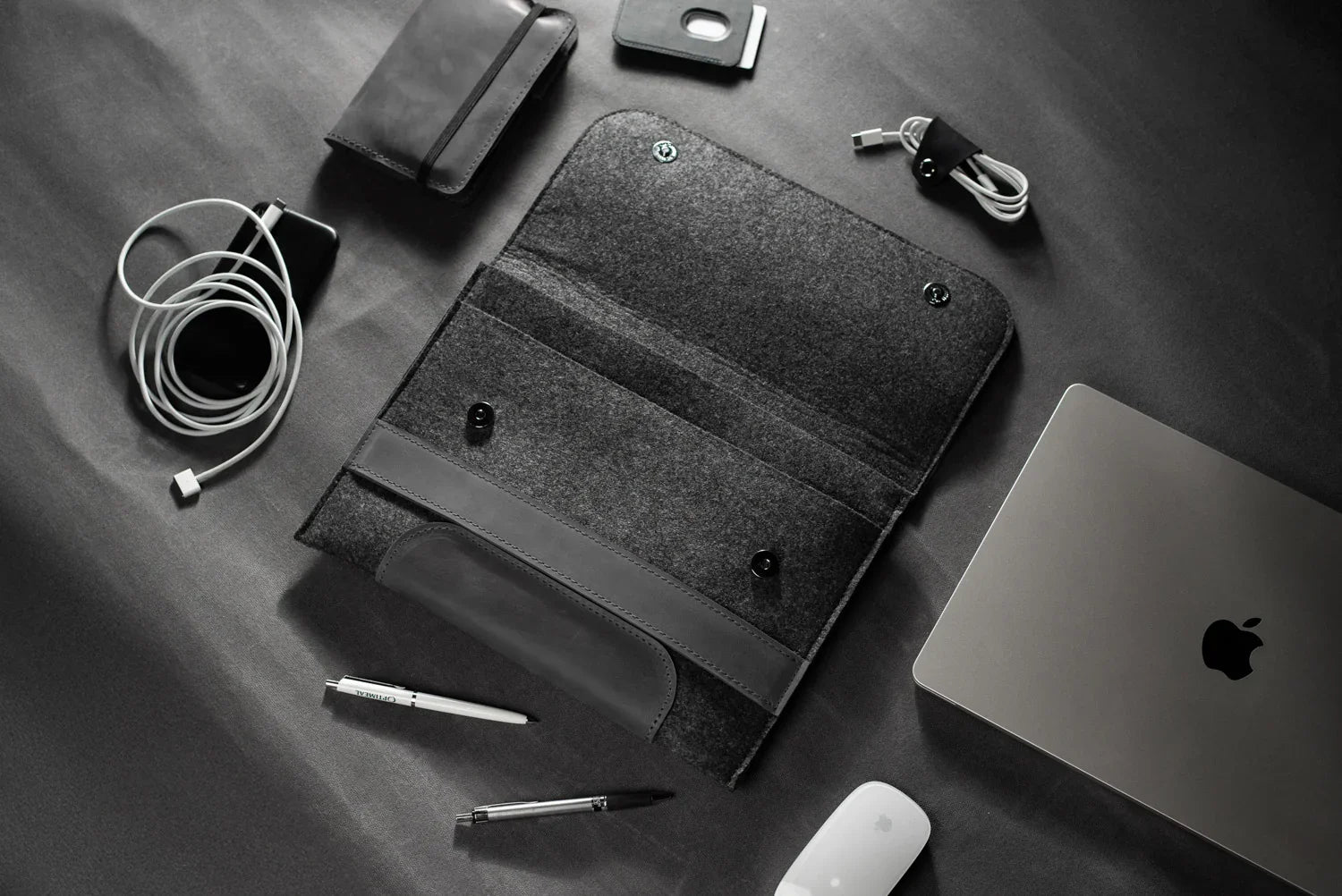 Waxed Matte Leather & Wool Macbook Holder with Magnet Closure