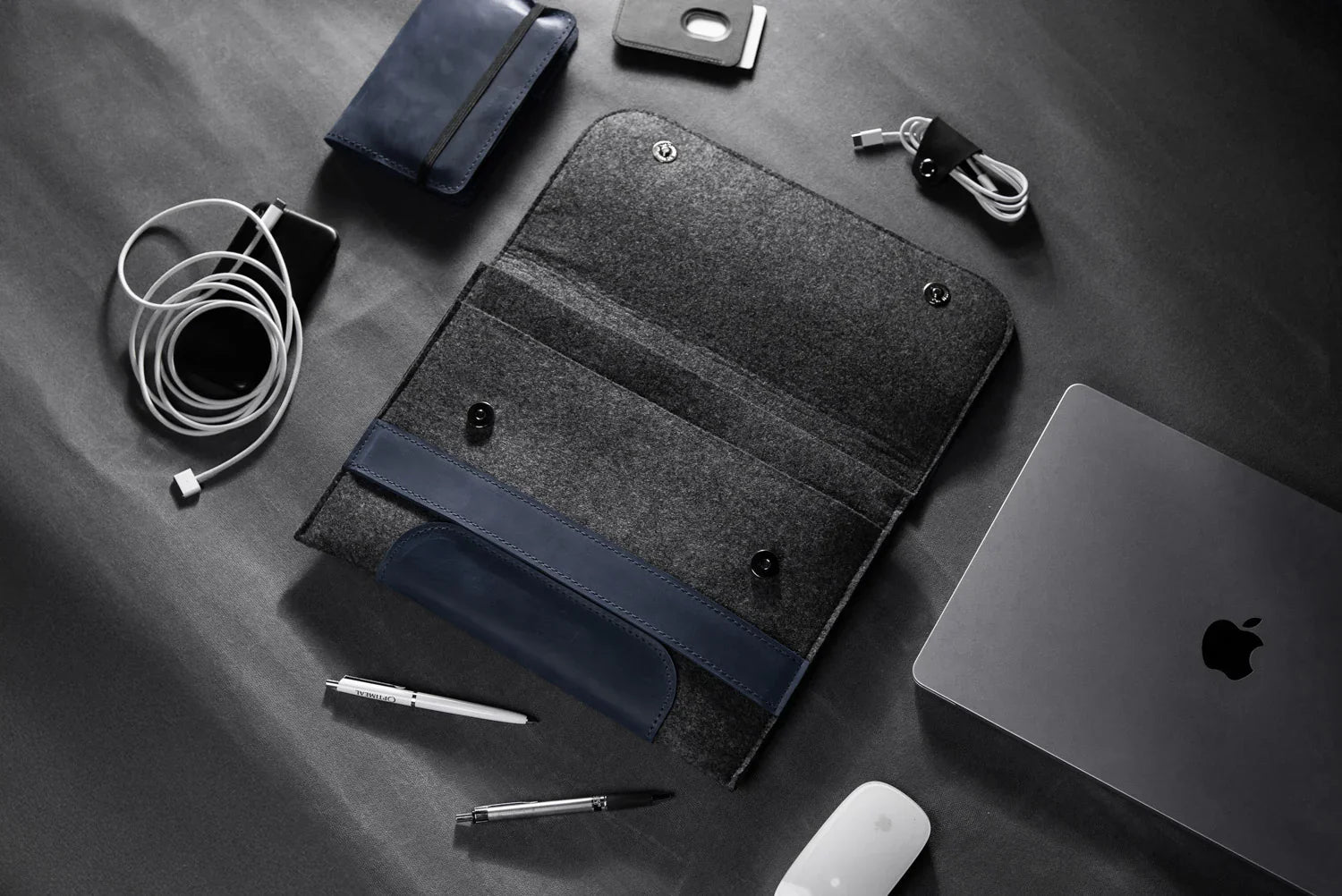 Waxed Matte Leather & Wool Macbook Holder with Magnet Closure