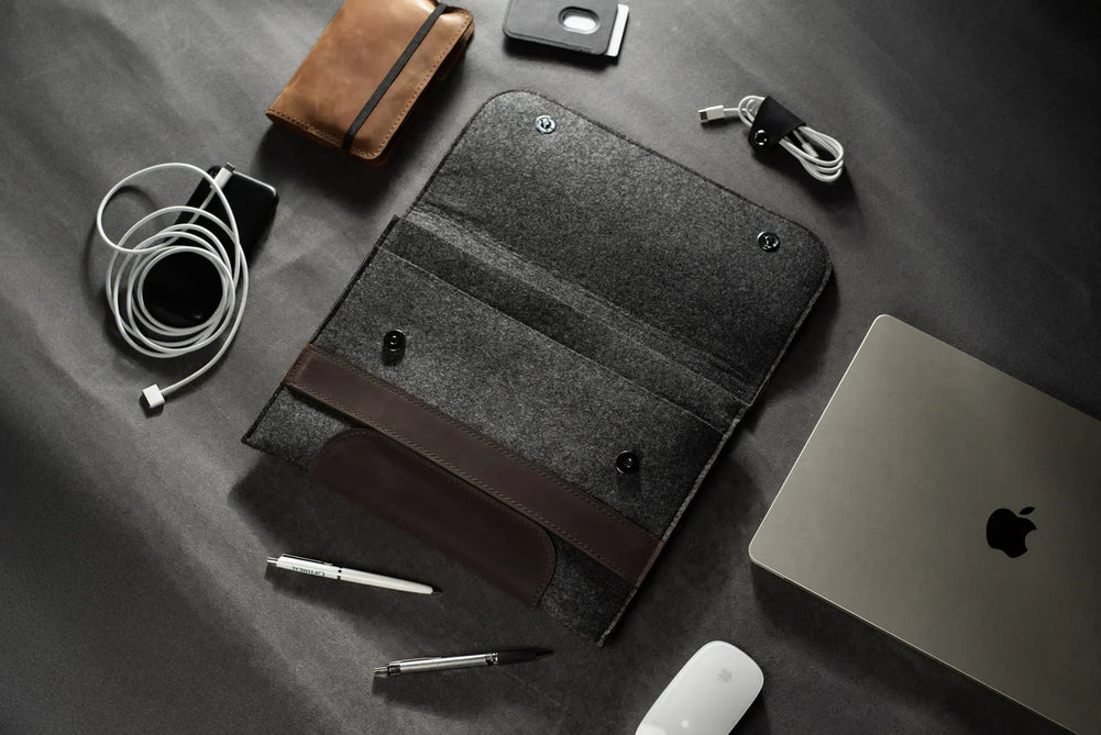 Waxed Matte Leather & Wool Macbook Holder with Magnet Closure