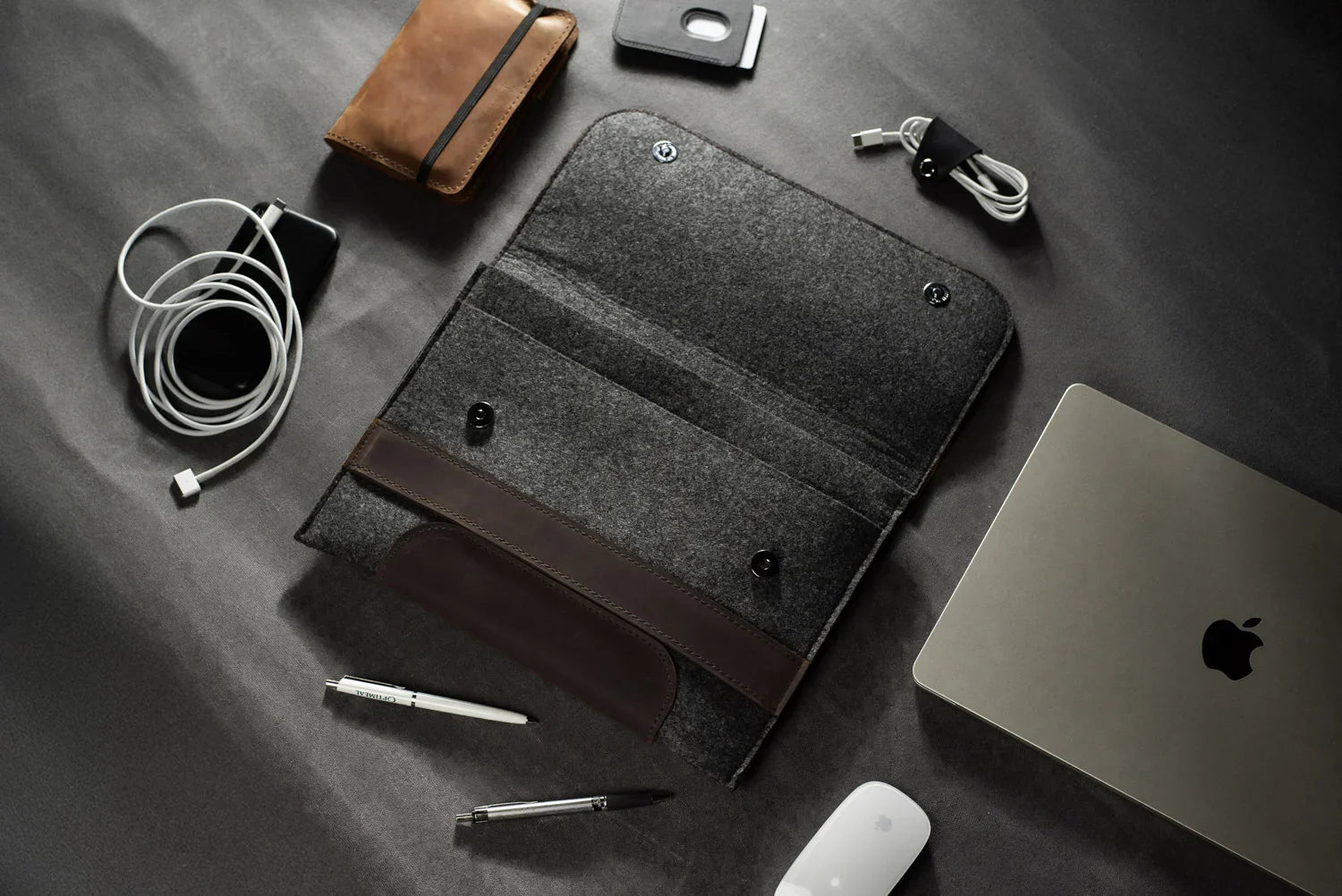 Waxed Matte Leather & Wool Macbook Holder with Magnet Closure