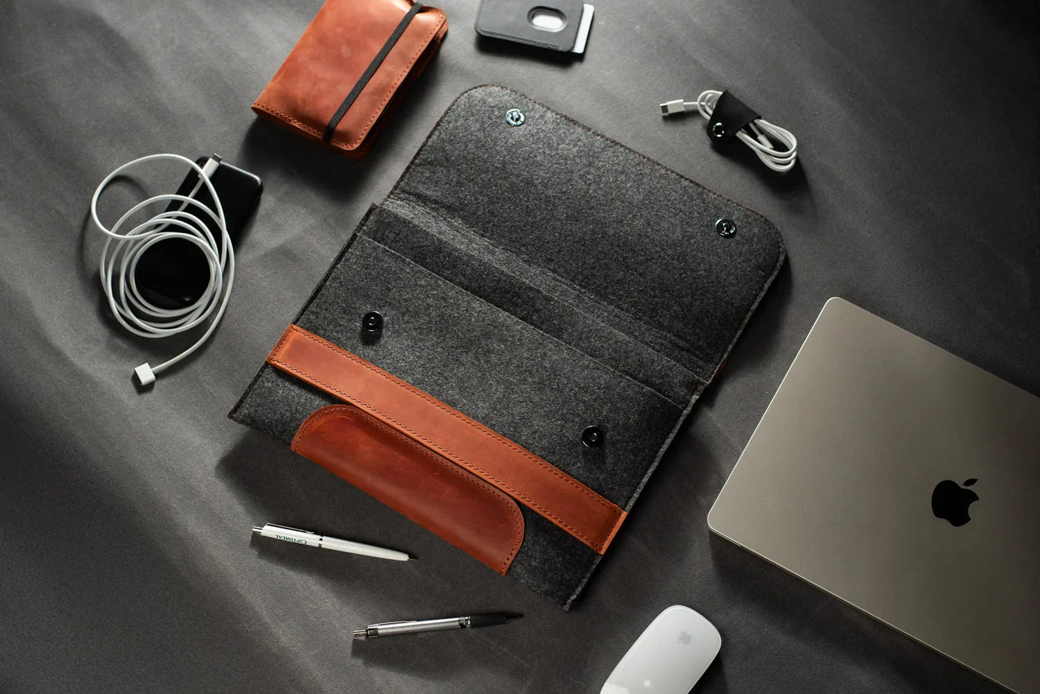 Waxed Matte Leather & Wool Macbook Holder with Magnet Closure