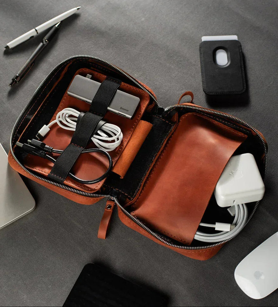 Distressed Leather Tech Organizer with Zipper | Tech & Cable Case