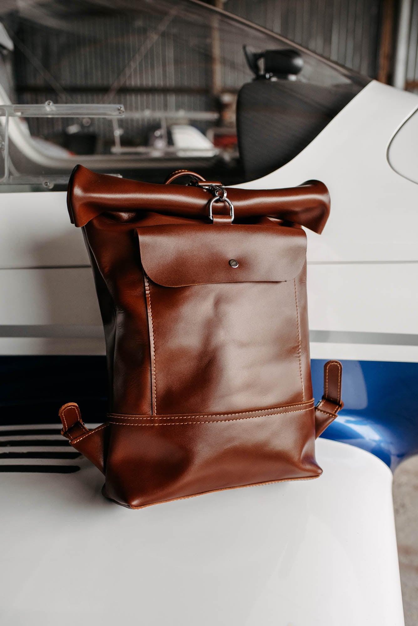 Smooth Leather Backpack with Roll Top – Durable Work & Travel Bag
