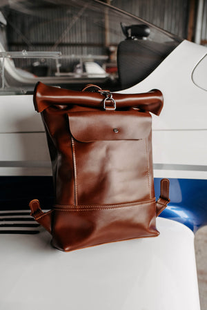 Smooth Leather Backpack with Roll Top – Durable Work & Travel Bag