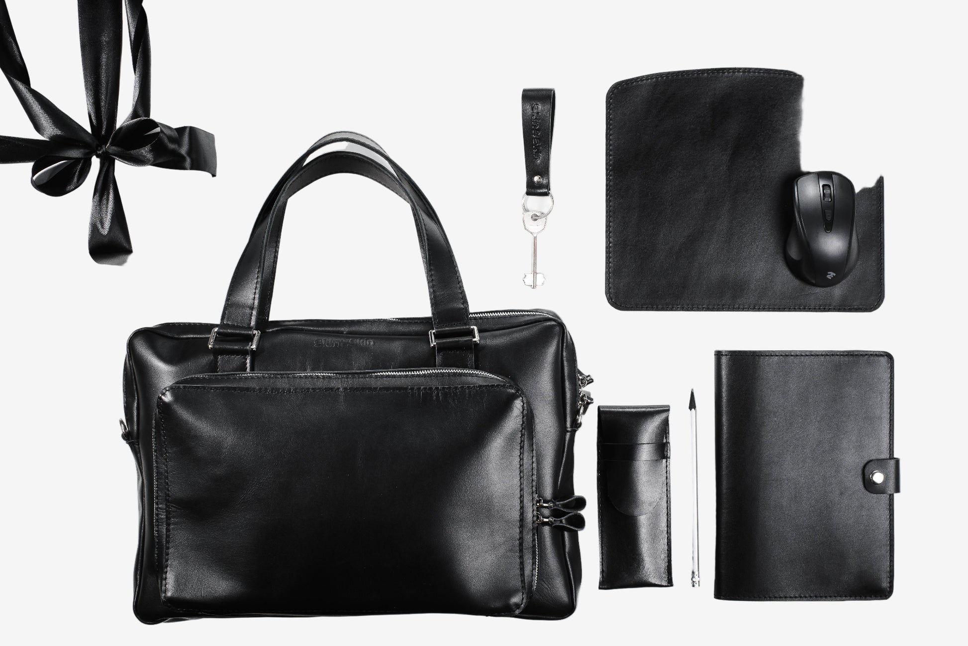 Premium Leather Office Set – Briefcase with A5 Notebook Sleeve, Pen Pouch, Mouse Mat & Keychain