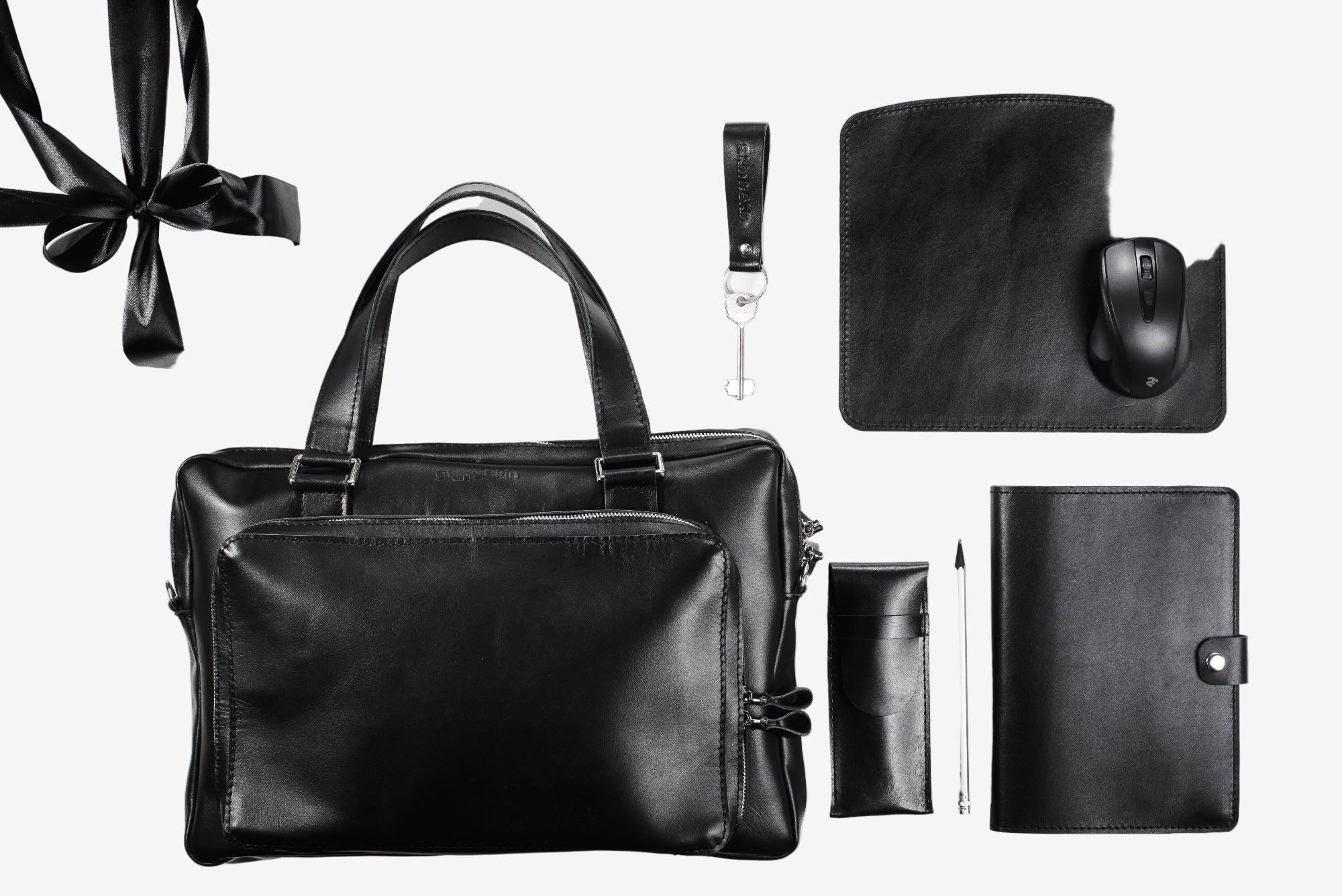 Premium Leather Office Set – Briefcase with A5 Notebook Sleeve, Pen Pouch, Mouse Mat & Keychain