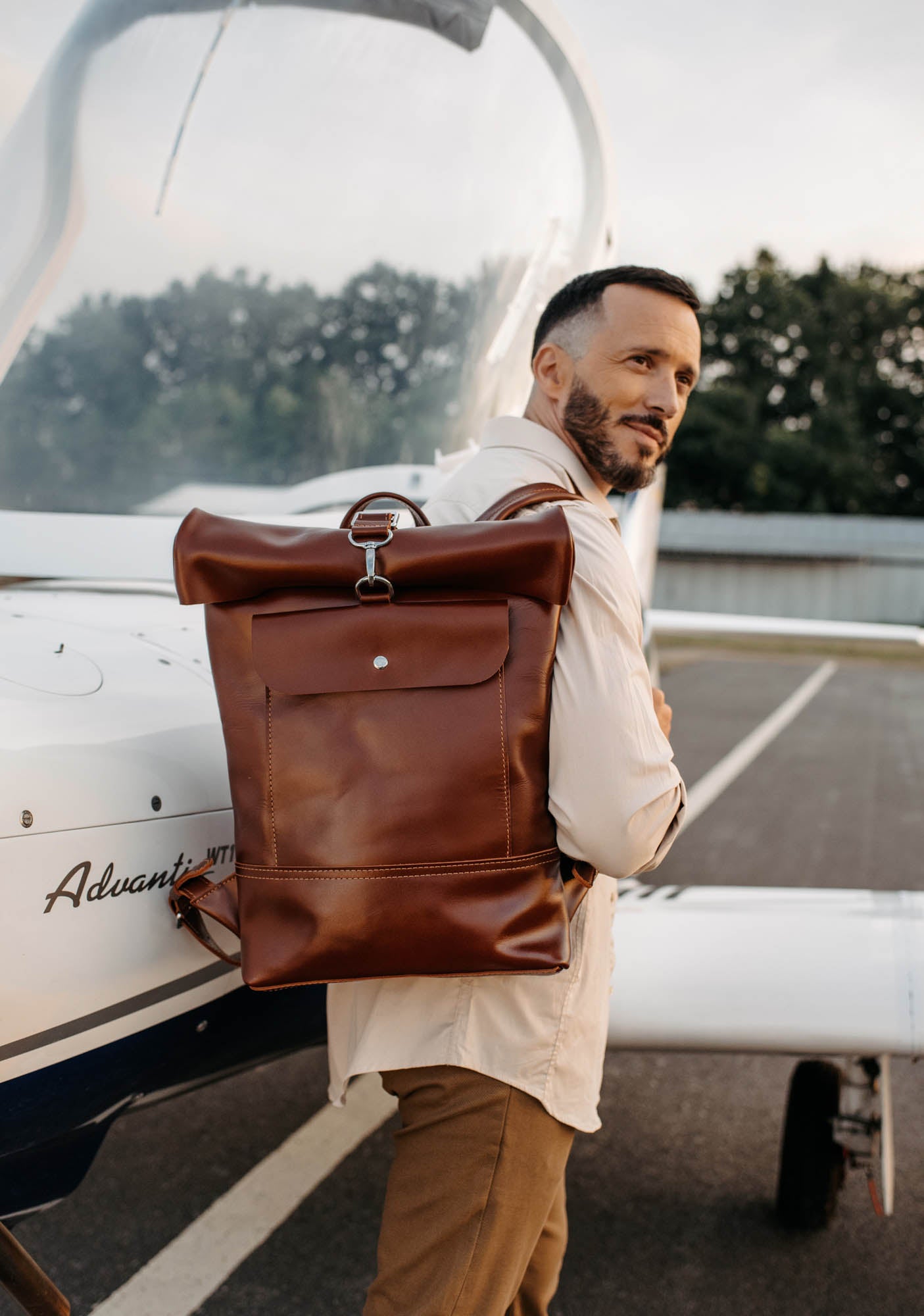 Smooth Leather Backpack with Roll Top – Durable Work & Travel Bag