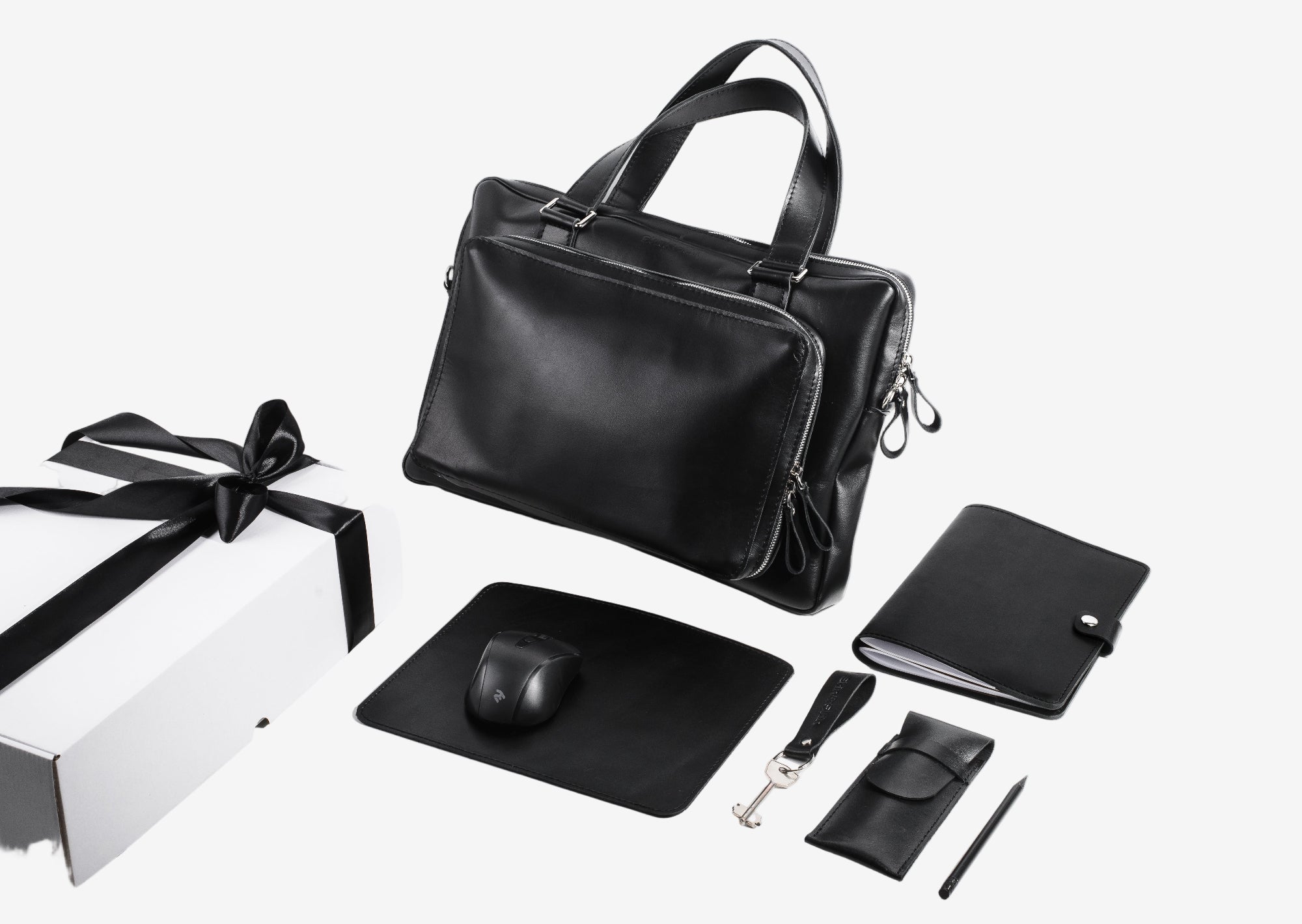 Premium Leather Office Set – Briefcase with A5 Notebook Sleeve, Pen Pouch, Mouse Mat & Keychain
