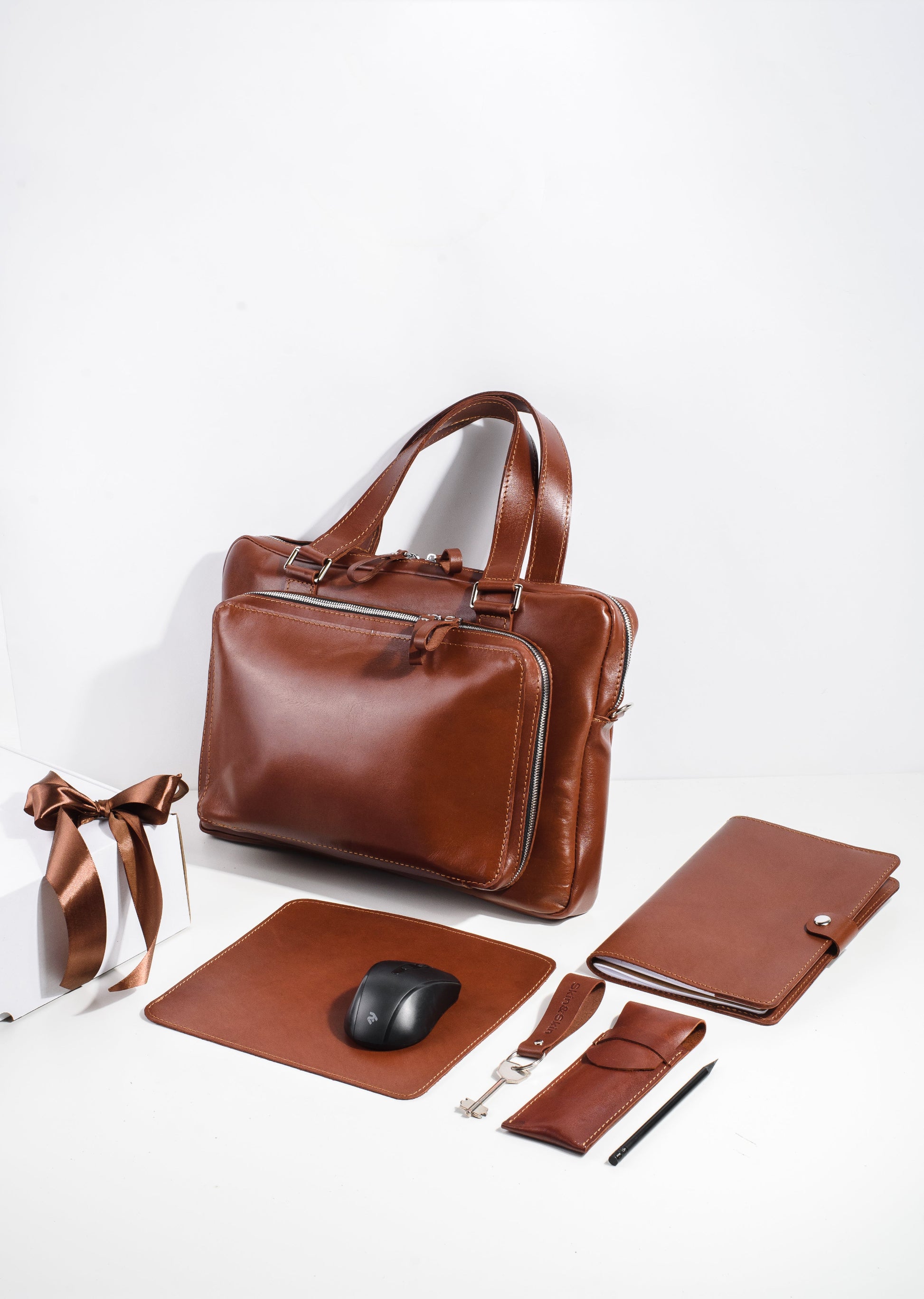Premium Leather Office Set – Briefcase with A5 Notebook Sleeve, Pen Pouch, Mouse Mat & Keychain