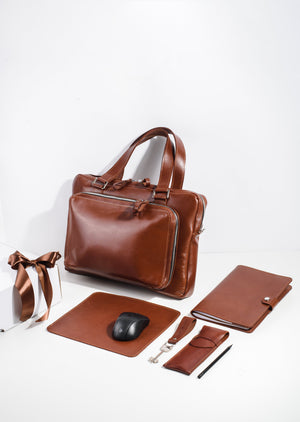 Premium Leather Office Set – Briefcase with A5 Notebook Sleeve, Pen Pouch, Mouse Mat & Keychain