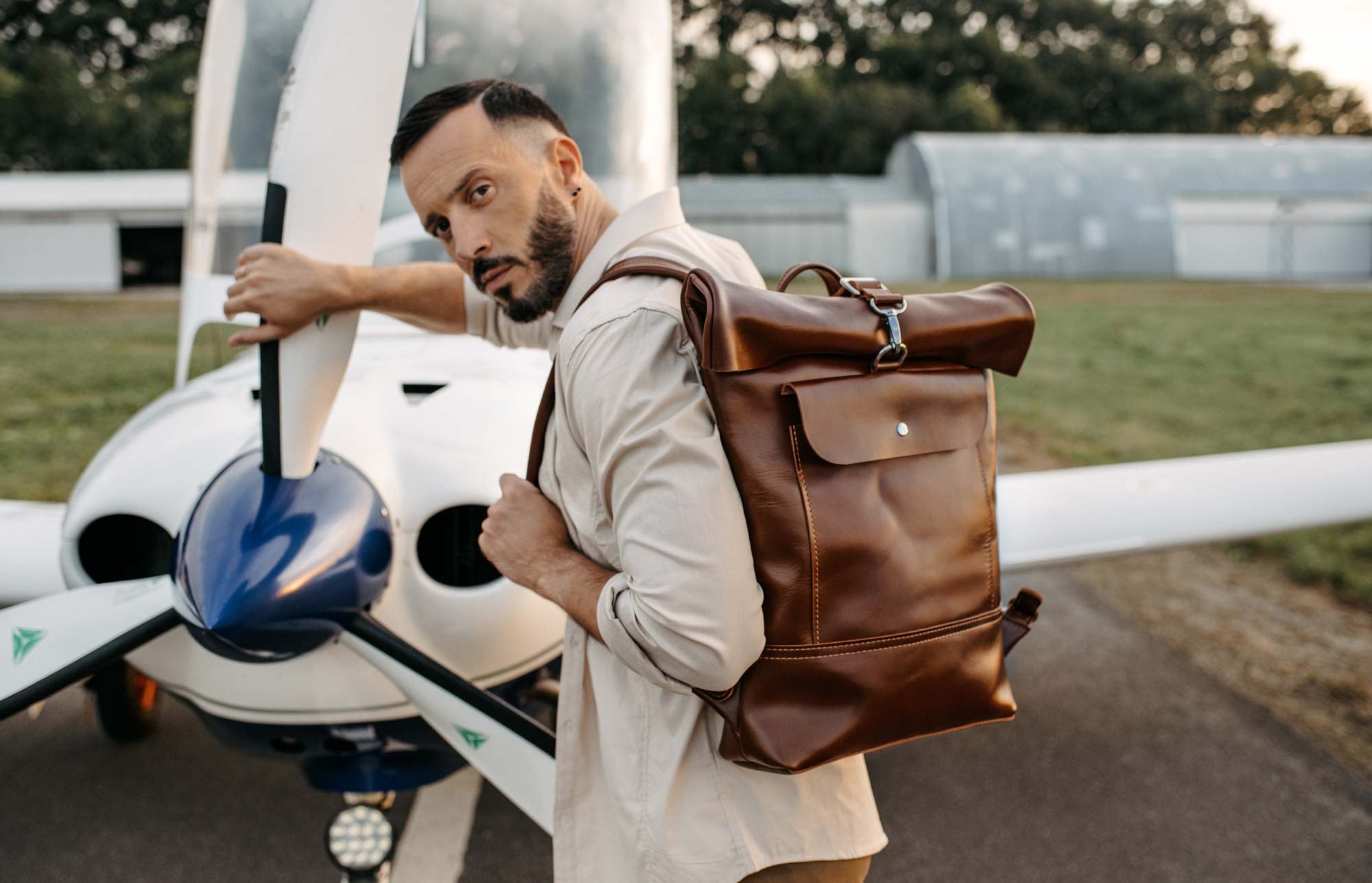 Smooth Leather Backpack with Roll Top – Durable Work & Travel Bag
