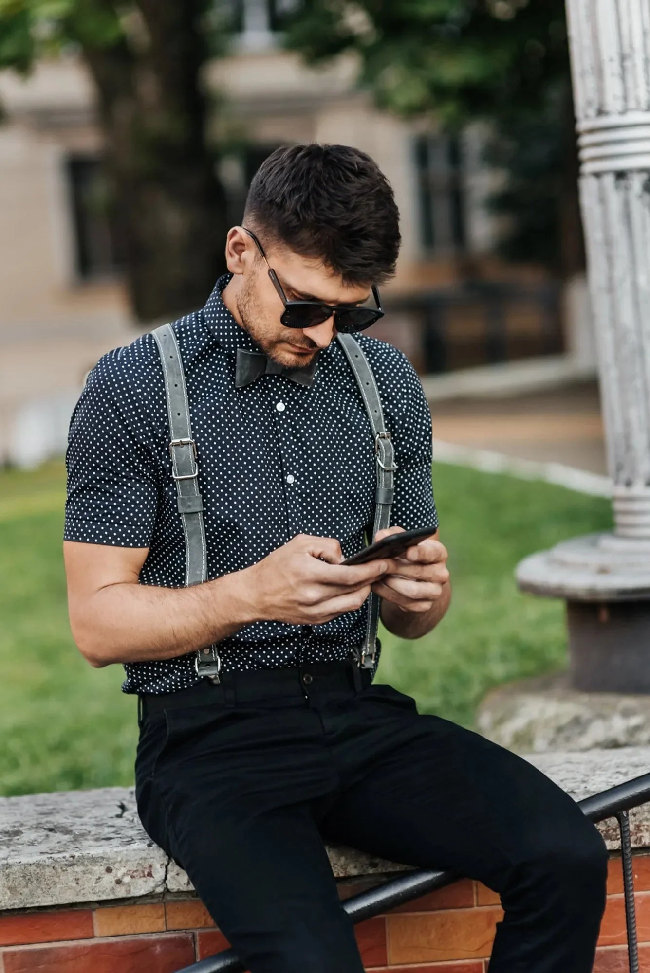Waxed Matte Leather Suspenders for Men with Buckles