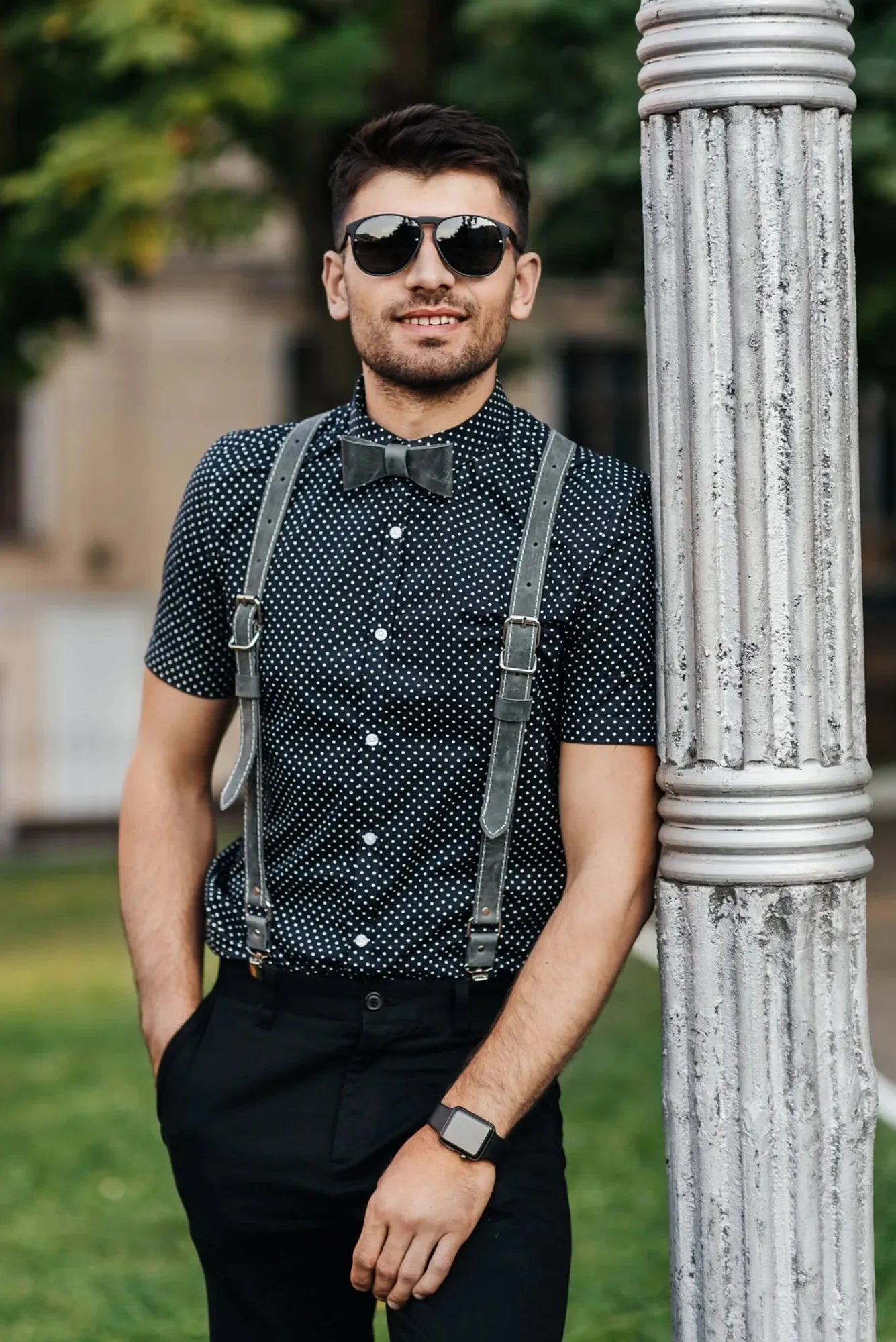 Waxed Matte Leather Suspenders for Men with Buckles