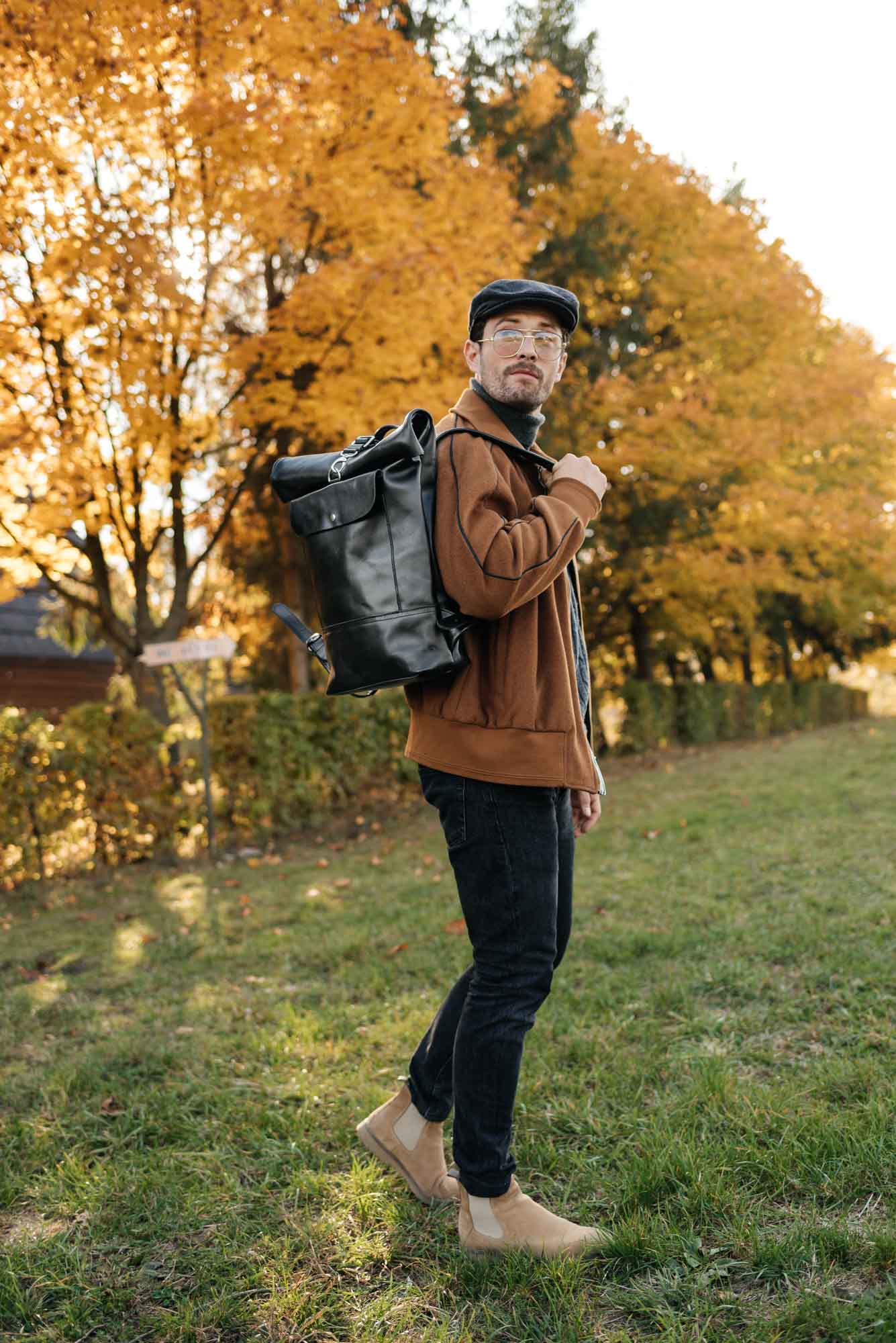 Smooth Leather Backpack with Roll Top – Durable Work & Travel Bag
