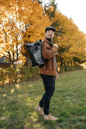Smooth Leather Backpack with Roll Top – Durable Work & Travel Bag