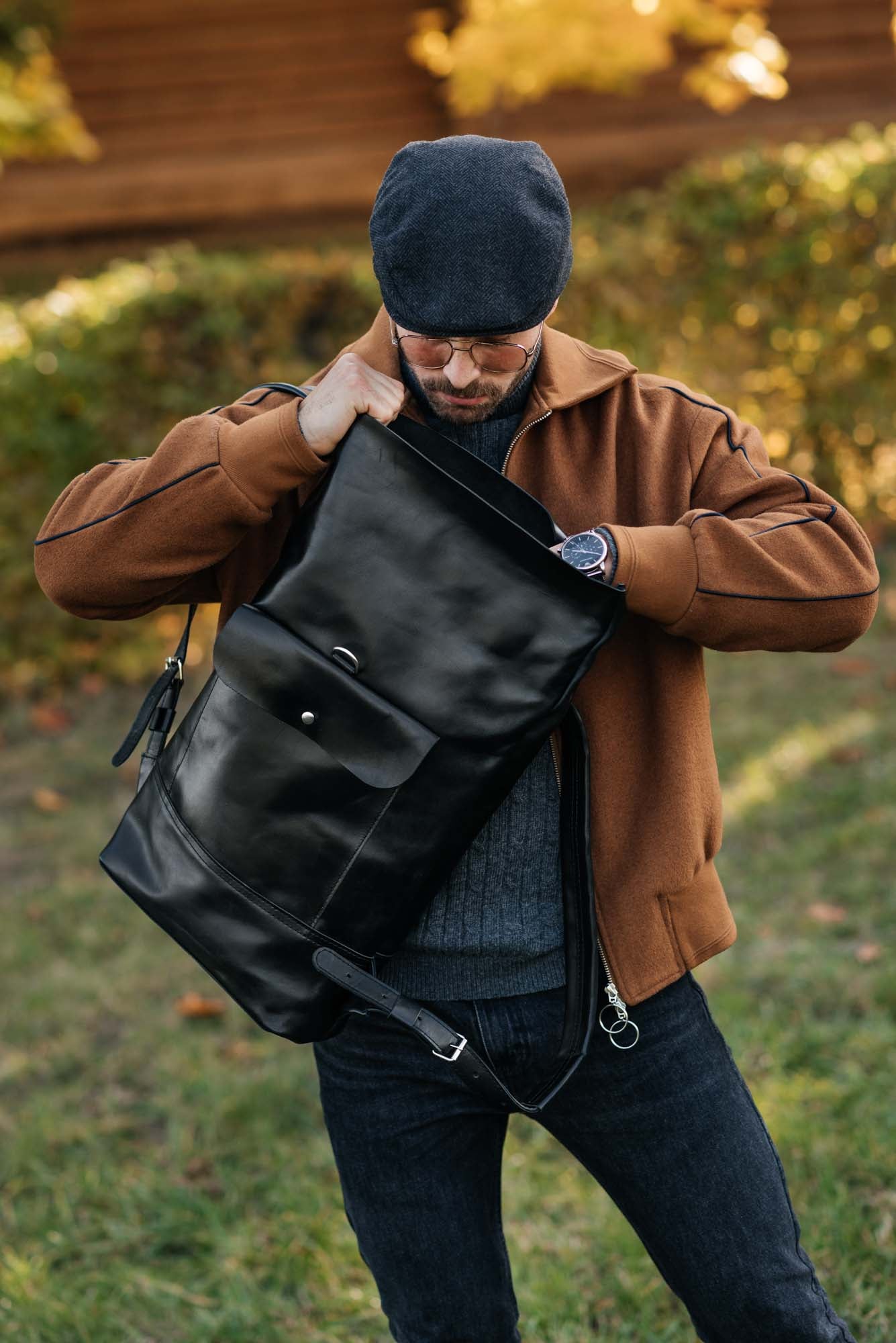 Smooth Leather Backpack with Roll Top – Durable Work & Travel Bag