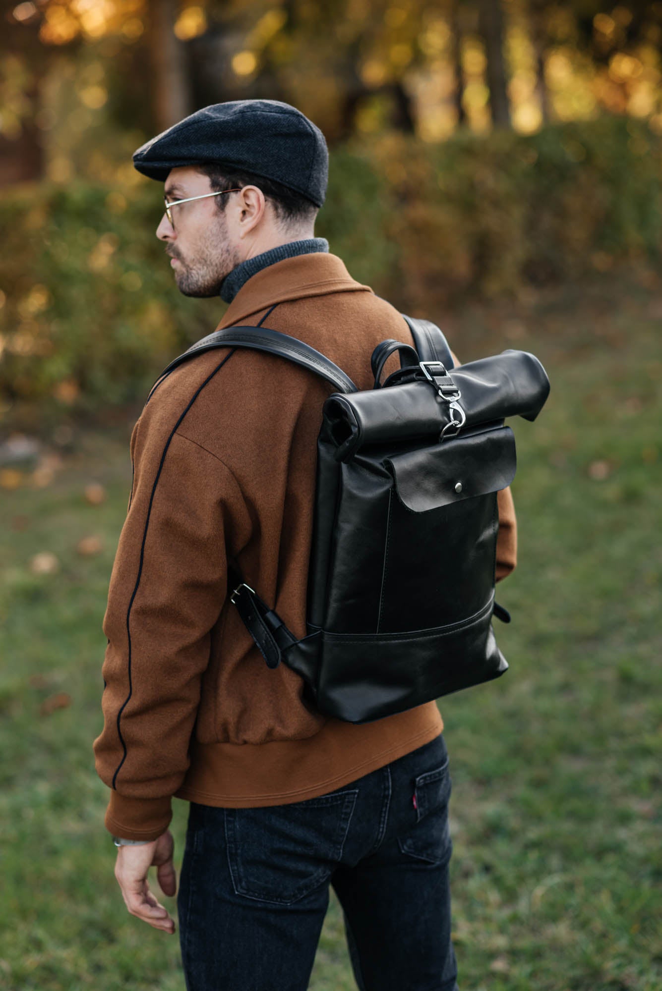 Smooth Leather Backpack with Roll Top – Durable Work & Travel Bag