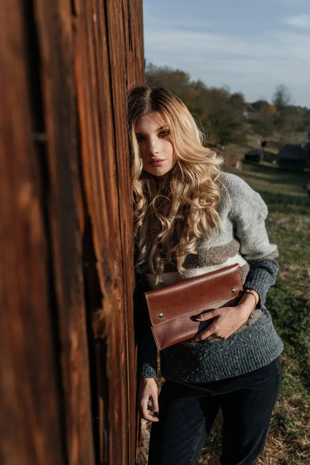 Double-Sided Leather Clutch with Handle
