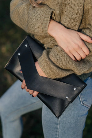 Double Face Leather Clutch | Smooth Black - Wenderfarer